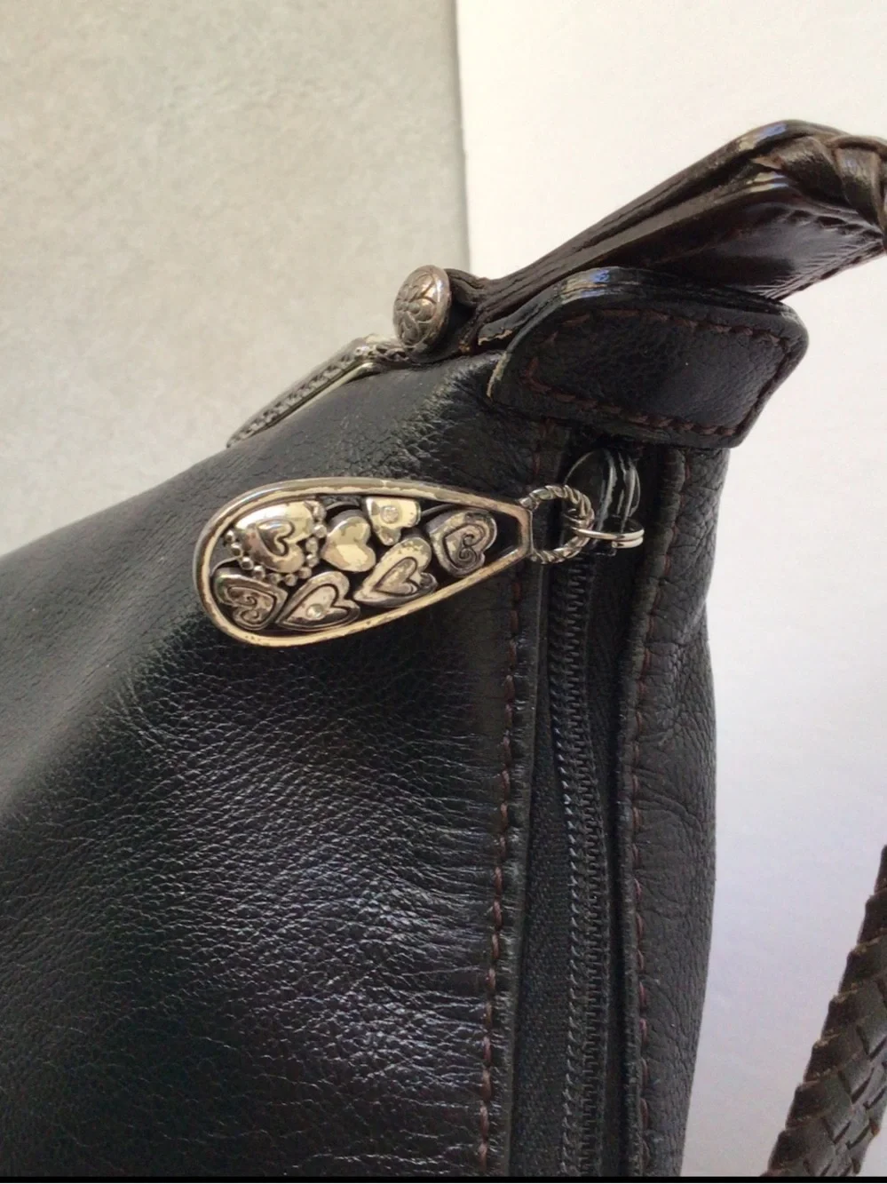 VTG Brighton Black & Brown Leather Croc Embossed Shoulder Bag Great Condition